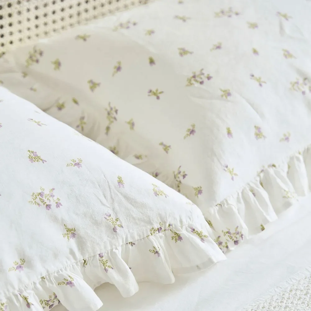 Pottery Barn - Green Row Lavender Bunches Cotton Linen Duvet & Sham Full Queen